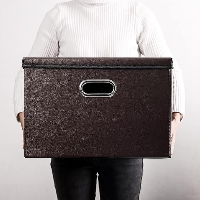 PRANDOM Large Foldable Storage Bins with Lids [3-Pack] Leather Fabric Collapsible Storage Boxes Organizer Containers Baskets Cube with Cover for Home Bedroom Closet Office Brown(17.7x11.8x11.8)-Ruum Studio Home