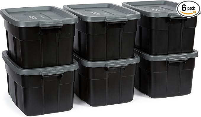 Rubbermaid Roughneck Tote 14 Gal, 6 Pack, Made in USA, Black & Gray, Rugged Plastic Stackable Storage Bins with Lids and Handles-Ruum Studio Home
