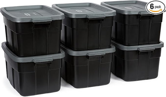 Rubbermaid Roughneck Tote 14 Gal, 6 Pack, Made in USA, Black & Gray, Rugged Plastic Stackable Storage Bins with Lids and Handles-Ruum Studio Home