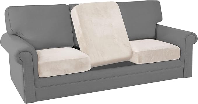 PrinceDeco Stretch Sofa Cushion Covers for Couches and Sofas,Soft Velvet Couch Seat Covers, Sofa Covers Washable, Seat Cushion Cover for 3 Couch Sofa Pet Friendly - Ivory, Each Width Up to 29.5"-Ruum Studio Home