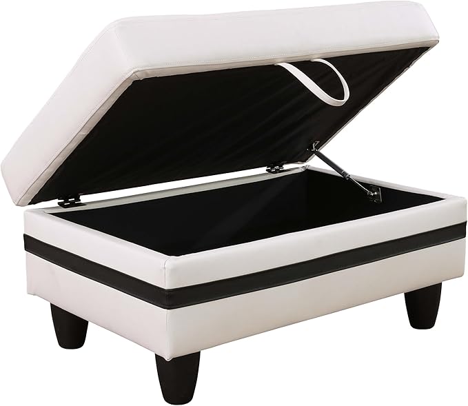 Ottoman Rectangular Storage Ottoman Bench, Faux Leather Footrest, Coffee Table, Stool Footstool with Hinged Lid for Living Room, Bedroom, Entryway, White&Black, 34"x22.8"x17.5"-Ruum Studio Home