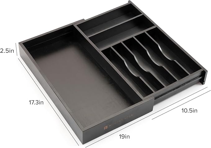 Premium Silverware, Flatware and Utensil Organizer for Kitchen Drawers, Food-Safe Contract Grade, Expandable from 10.5 to 19 In, Black Bamboo-Ruum Studio Home
