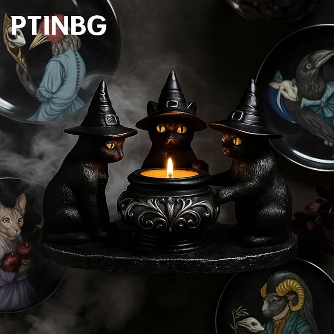 Halloween Black Cat Candle Holder, Cute Halloween Table Decor & Mantel Decoration (Black)-Ruum Studio Home