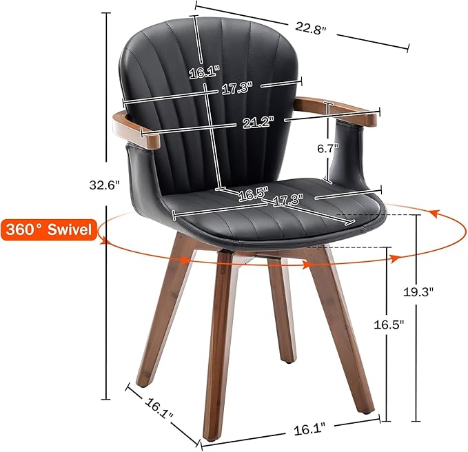 LUNLING Swivel Dining Chairs, Mid Century Modern Black Faux Leather Kitchen Chairs with Arms,Bamboo Legs Side Chairs No Wheels,Accent Chair for Dining Rooms and Offices,1PCS-Ruum Studio Home