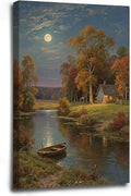 Small house by the stream under the moonlight tranquil style suitable for living room bedroom and office landscape poster wall art-Ruum Studio Home