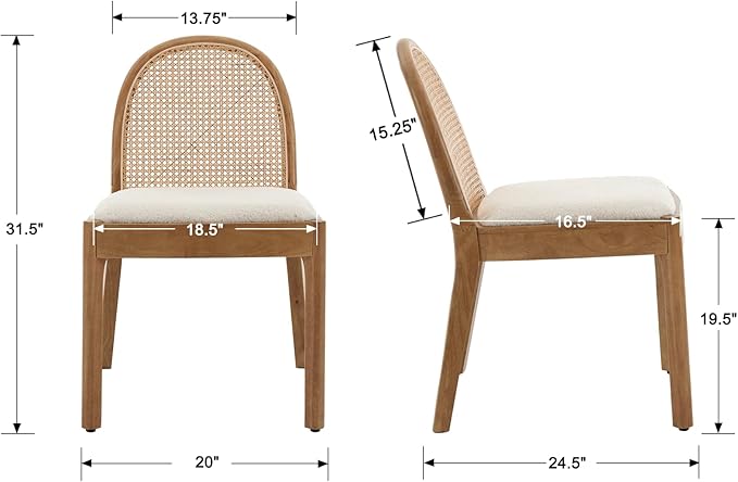 Mid Century Dining Chairs Set of 4, Accent Rattan Side Chairs Sherpa Fabric Kitchen Chair with Solid Wooden Legs for Living Room Dining Room, White-Ruum Studio Home