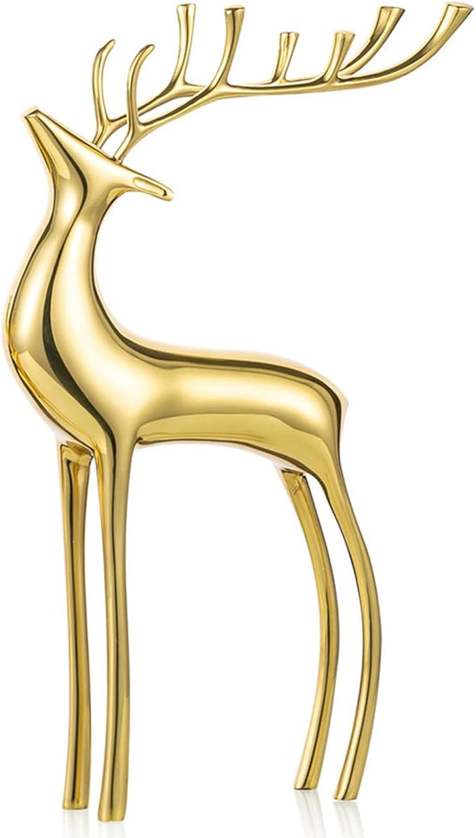 Sziqiqi Reindeer Sculpture for Christmas Table Centerpieces - Gold Brass Deer Antler Statue Decor Metal Elk Figurine Modern Stag Sculpture for Christmas Decorations Indoor Animal Rein Deer Ornaments-Ruum Studio Home
