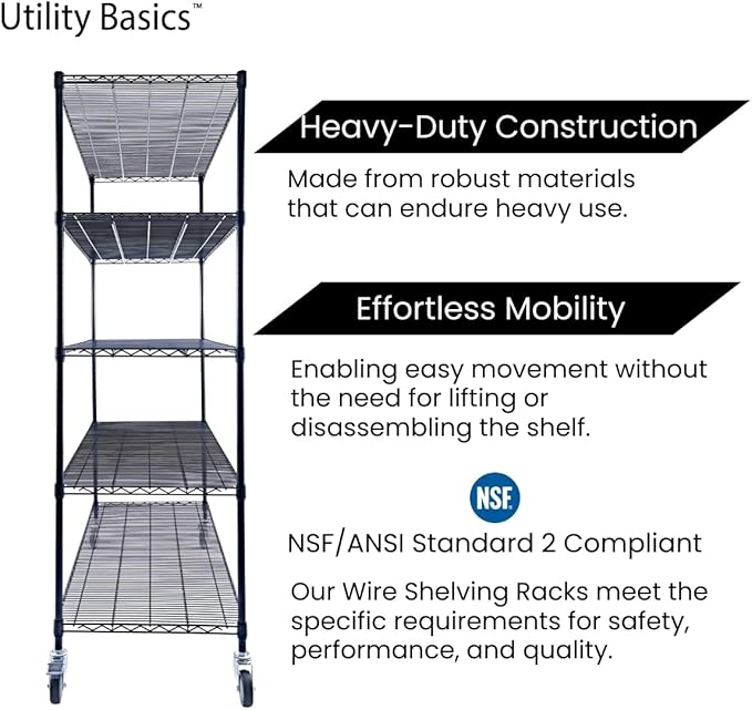 60"x24"x72" Black 5-Tier Premium Metal Wire Shelving NSF 4000 LBS MAX Capacity Heavy Duty Steel Storage Rack for Warehouse, Garage, Hospital, Commercial Space & School w/Premium Wheels-Ruum Studio Home