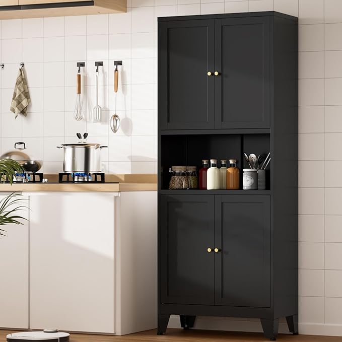69" Tall Kitchen Pantry Cabinet, Metal Storage Cabinet with 4 Doors and Adjustbale Shelves, Freestanding Cupboards for Dining Room, Living Room, Bathroom-Ruum Studio Home