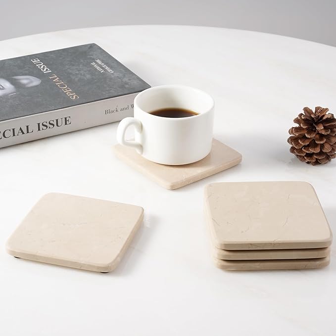 BCS Marble Coasters Set of 5 with Holder, Square Stone Drink Coasters for Coffee, Wine and Cocktails, Non-Slip Durable Cup Mats, Elegant Home, Bar & Kitchen Table Decor (Crema Beige)-Ruum Studio Home