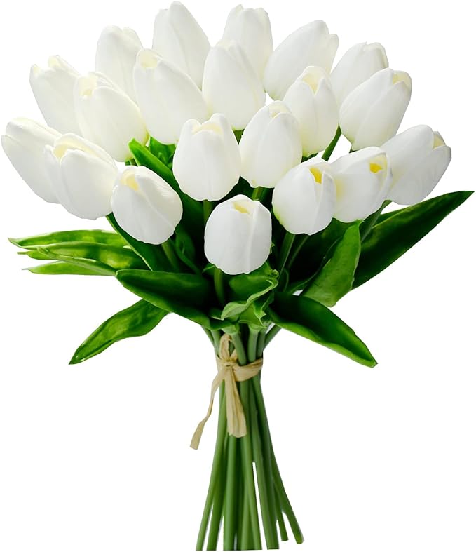 Mandy's Artificial Tulips 20 Stems Pure White PU Faux Flowers for Wedding Home Decor 13.5 Inch-Ruum Studio Home