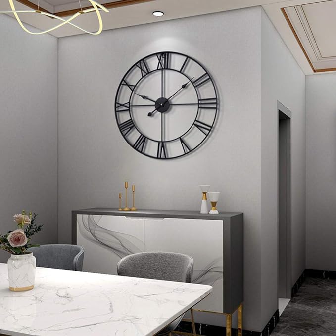 LEIKE 16" Large Wall Clocks Battery Operated, Round Modern Silent Non-Ticking Black Metal Wall Clock for Living Room Decor, Bedroom Kitchen (40cm Diameter, Black Roman Number)-Ruum Studio Home