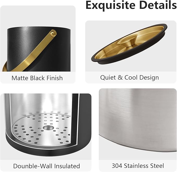 4L Ice Bucket with Silicone Lid, Scoop, Gold Tongs & Strainer, Stainless Steel Double Wall Insulated Ice Buckets for Parties & Cocktail Bar Outdoor Champagne Ice Container Bin, Black-Ruum Studio Home