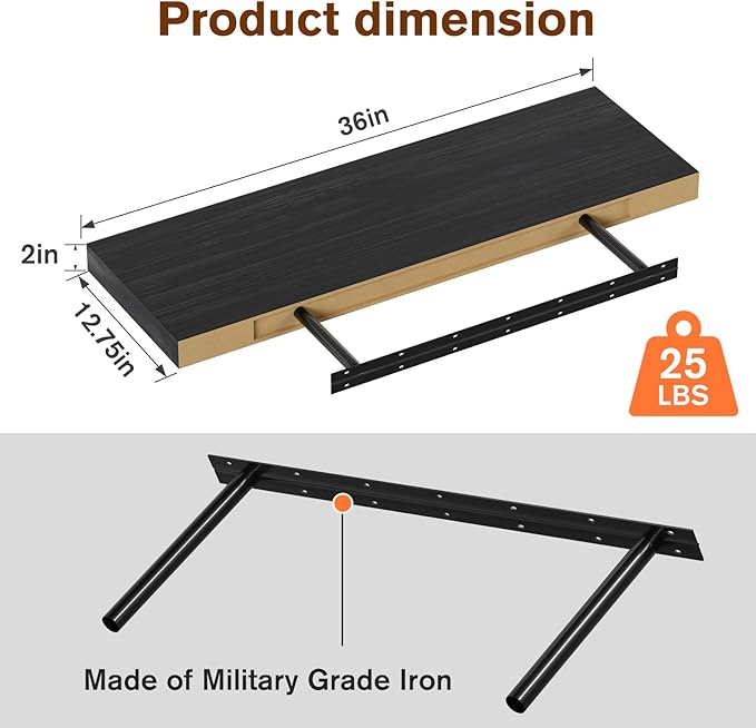 Large Floating Shelves for Wall Set of 3 Wooden Wall Shelves 36 in x 12.75 in x 2 in Room Decor Long Shelf with Invisible Wall Mount Bracket for Bedroom Kitchen Living Room Black Wood-Ruum Studio Home