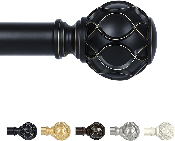 Black Adjustable Curtain Rods for Windows:18-45" Farmhouse Heavy Duty Curtain Rod for Bedroom Living Room,Boho Decorative Rustic Drapery Rods with Vintage Coastal Texture Finial,Matte Black-Ruum Studio Home