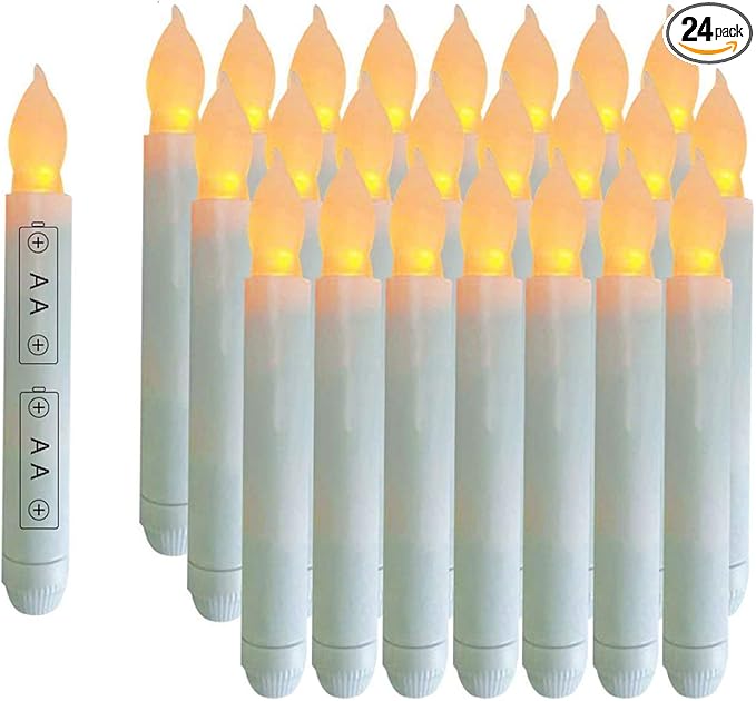 Pack of 24 Flameless Taper LED Candles - Battery Operated Flickering Ivory - Perfect for Wedding, Christmas, Parties - 6.5 Inch - White Plastic-Ruum Studio Home