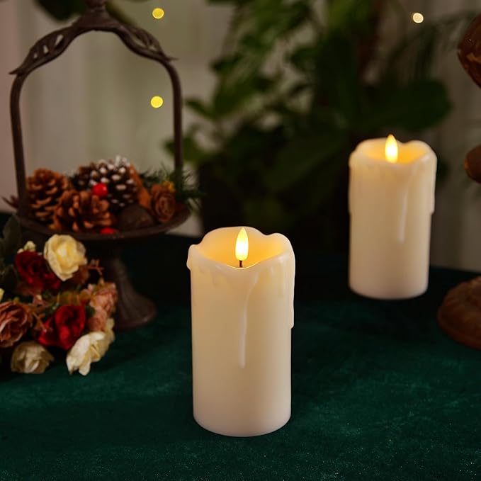 Homemory Dripping Wax Flameless Candles, Battery Operated Candles with Remote Control and Timers, LED Pillar Candles, Electric Fake Candles, 3" x 6", Set of 2-Ruum Studio Home
