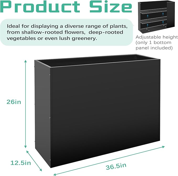 Metal Rectangular Planter Box, Large Planter Boxes Outdoor, 37''L x 13''W x 26''H Heavy Duty Plant Box with Removable Insert Shelf, 3 Tier Adjustable Height Tall Garden Planter for Plants, Flowers-Ruum Studio Home