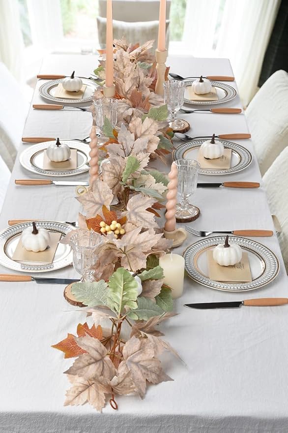 DearHouse 2 Pack Fall Maple Leaf Hanging Vine Garland Artificial Autumn Foliage Thanksgiving Decor for Home Wedding Fireplace Party Christmas (White&Green)-Ruum Studio Home