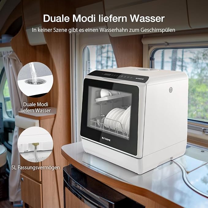 Portable Dishwasher Countertop, WIFI Smart Dishwasher, Compact Mini Dishwashers with 5L Built-in Water Tank, 6 Programs, 360° Dual Spray, High-Temp& Air-Dry Function, Fruit Cleaning-Ruum Studio Home