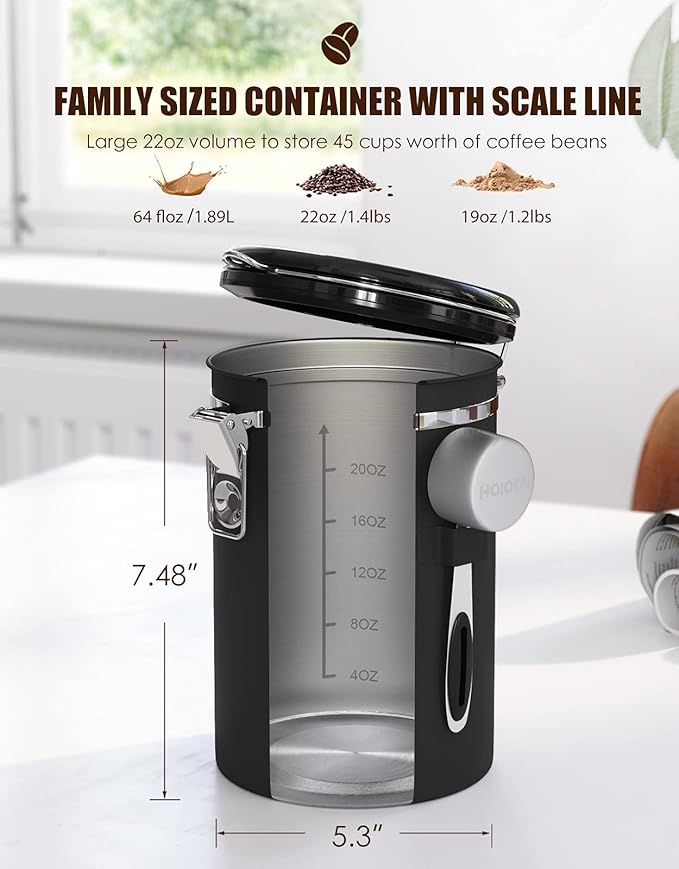 HAIOOU Airtight Coffee Canister, 22OZ Large Stainless Steel Coffee Bean Storage Container with Date Tracker, Measuring Scoop, 6Pcs CO2 Valves and Mini Tongs for Beans, Grounds, Sugar and more - Black-Ruum Studio Home