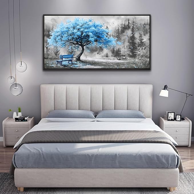 ZUITINGHUA Large Black Framed Wall Decor For Living Room Canvas Wall Art For Office Modern Wall Decorations For Bedroom Blue Tree Landscape Paintings Black And White Pictures Home Decor 24x48 In-Ruum Studio Home