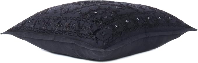 Eyes of India Embroidered Decorative Boho Throw Pillow Cover with Mirrors, Handmade Bohemian Accent Cushion Case for Sofa Couch Bedroom Living Room (Black, 16" x 16")-Ruum Studio Home