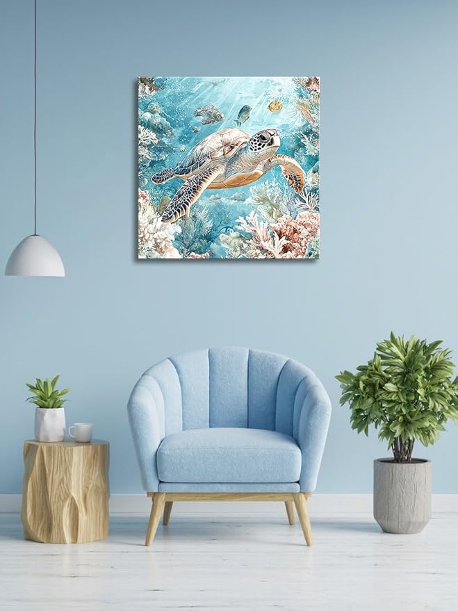 Sea Turtle Bathroom Wall Decor Ocean Theme Framed Canvas Wall Art Coastal Nautical Prints Picture Watercolor Coral Marine Life Painting for Kid Bedroom Living Room Home Decoration 14x14”-Ruum Studio Home