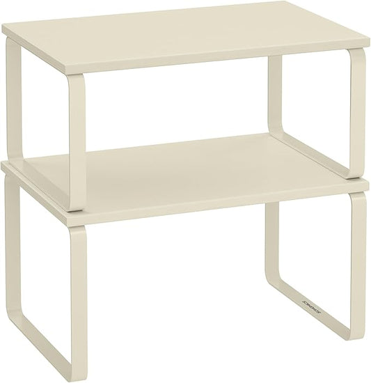 SONGMICS Cabinet Organizer Shelf, Set of 2 Kitchen Counter Shelves, Kitchen Storage, Spice Rack, Stackable, Expandable, Metal and Engineered Wood, Cream White UKCS002W02-Ruum Studio Home