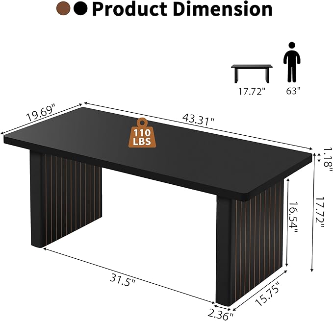 Rectangular Fluted Coffee Table, Farmhouse Wood Coffee Table Mid Century Modern Center Table Boho Living Room Tables for Living Room Office (Black, 19.69" D x 43.3" W x 17.72" H)-Ruum Studio Home