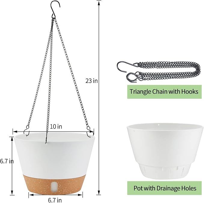 2 Pack 10 Inch Hanging Planters for Indoor Outdoor Plants, Hanging Plant Flower Pot Basket with Drainage Hole with Removable Tray&Hooks Self Watering Plant Pot for Hanging Plants, White-Ruum Studio Home