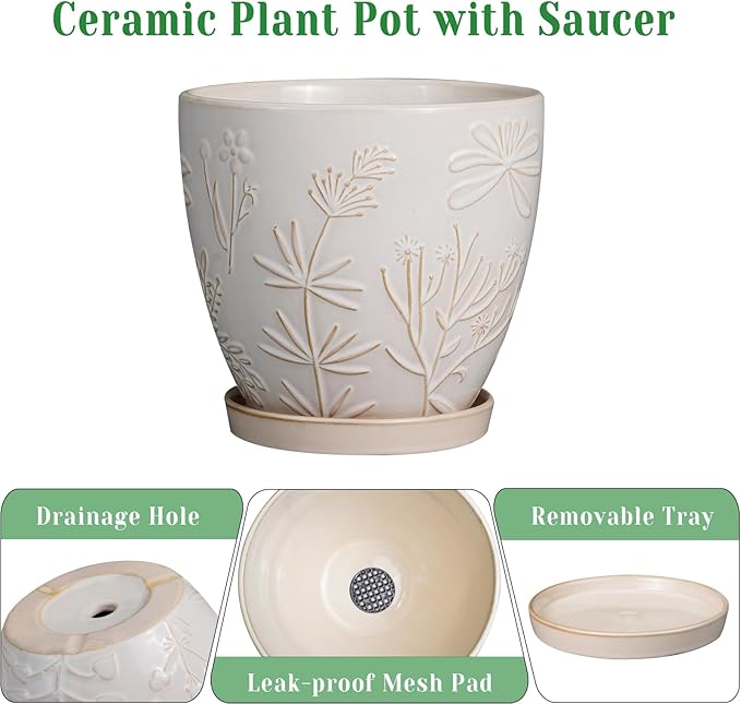 6.9 Inch Ceramic Plant Pot for Indoor Plants Outdoor Round Planter Flower Pot with Drainage Hole and Saucer for Home Garden Office Decor White-Ruum Studio Home