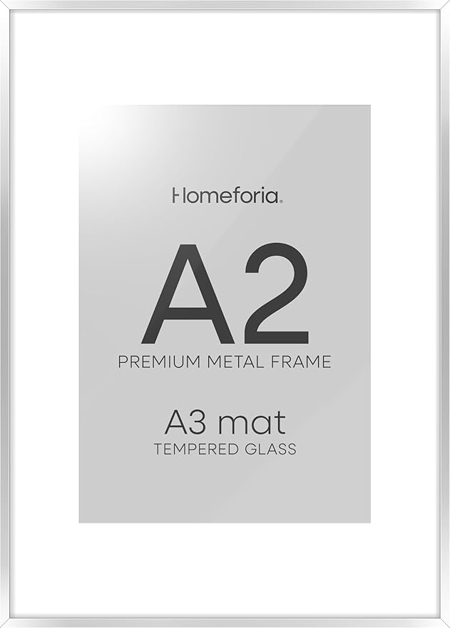 Homeforia A2 Poster Frame Silver, High End Metal A2 Picture Frames Silver with Mat A3 Print, 16.5x23.4 Frames Matted to 11.7x16.5 Photo, 16.5 by 23.5 Hanging Frames, Tempered Glass, Wall Kit, Set of 1-Ruum Studio Home