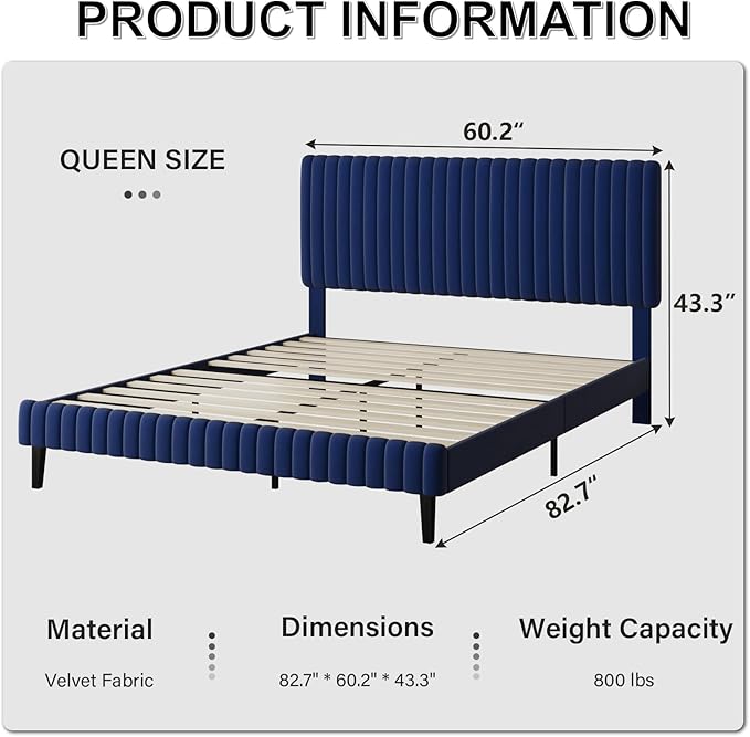 Queen Size Bed Frame with Headboard, Velvet Upholstered Platform Bed with Vertical Channel Tufted Design, No Box Spring Required, Easy Assembly, Blue-Ruum Studio Home