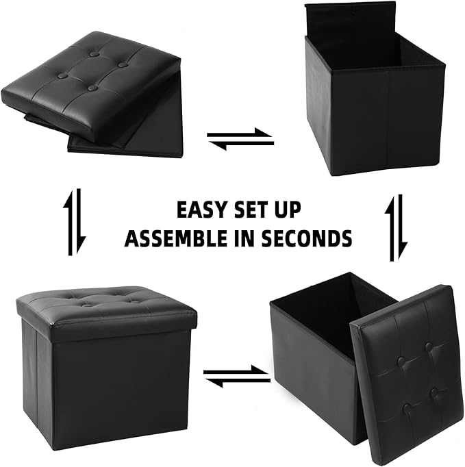 ALASDO Storage Ottoman Footrest Stool Small Ottoman with Storage Foldable Ottoman Leather Foot Rest Footstool Bench for Living Room 17x13x13inches Black-Ruum Studio Home