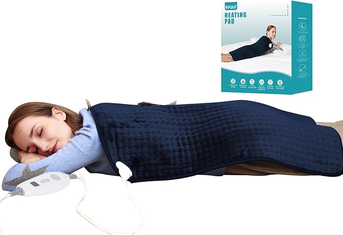 Ruqiji 17''x33'' XXXL King Size Heating Pad with 120 Minutes Auto Shut Off&6 Temperature Settings, Flannel Electric Heating Pad/Pain Relief for Back/Neck/Shoulders/Menstrual Pain/Leg Cramp (Dark Blue)-Ruum Studio Home