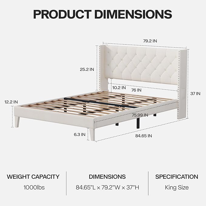 King Size Bed Frame with LED Lights, Upholstered Bed Frame with Wingback Diamond Tufted Headboard, Wood Slats Support, Noise-Free, Easy Assembly, No Box Spring Needed, Beige-Ruum Studio Home