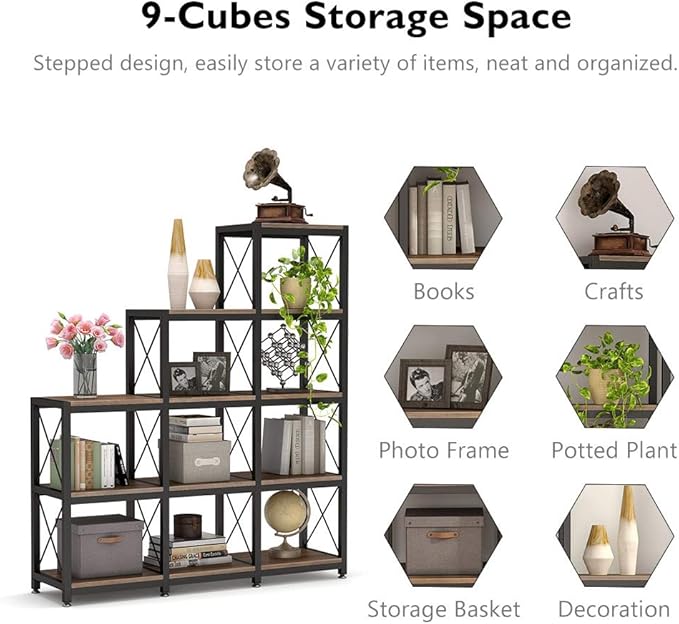 Tribesigns 12 Shelves Bookshelf, Industrial Ladder Corner Bookshelf 9 Cubes Stepped Etagere Bookcase, Rustic 5-Tier Display Shelf Storage Organizer for Home Office (Rustic Brown)-Ruum Studio Home