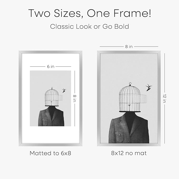 Homeforia Silver 8x12 Picture Frame, High End Metal 8 x 12 Poster Frames with Mat 6 by 8 for Photo, 12x8 Frame Matted to 6x8 inch Art, 8by12 Wall or Tabletop Frames, Tempered Glass, Wall Kit, Set of 1-Ruum Studio Home