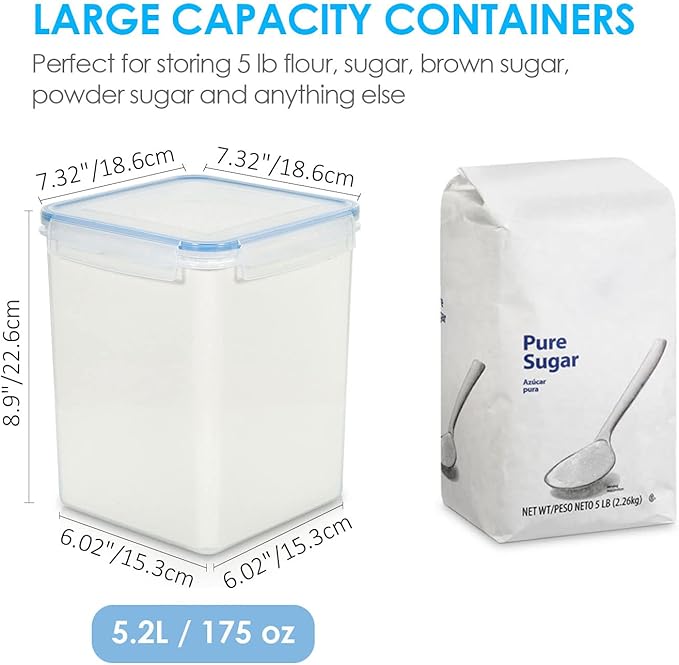 Vtopmart Large Food Storage Containers 5.2L / 175oz, 4 Pieces BPA Free Plastic Airtight Canisters for Flour, Sugar, Baking Supplies, Rice with Lids, 4 Measuring Cups and 24 Labels, Blue-Ruum Studio Home