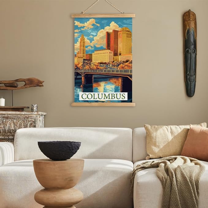 WREVERW Vintage Columbus Poster Canvas Print with Wooden Hanger Frame, Featuring Scioto River Bridge and Iconic LeVeque Tower, Wall Art for Home and Office Decor, 16x23 inches-Ruum Studio Home