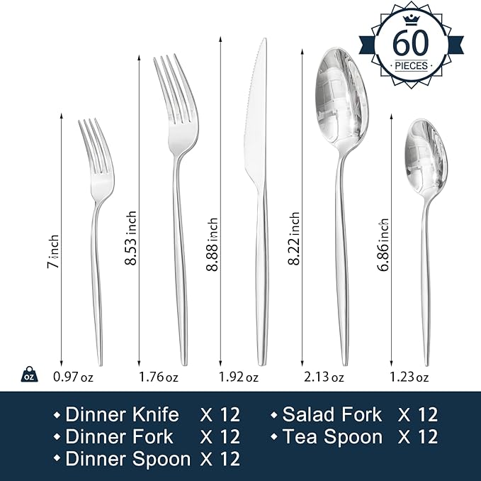 KINGSTONE Silverware Set, 60-Piece Flatware Set Cutlery Set Premium 18/10 Stainless Steel, Tableware Include Forks Knives Spoons for Home Kitchen Restaurant Wedding, Dishwasher Safe-Ruum Studio Home