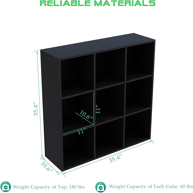9-Cube Storage Shelf Bookcase - Wooden 3-Tier Free Standing Open Bookshelf for Home and Office, Organizer Cabinet in Black-Ruum Studio Home