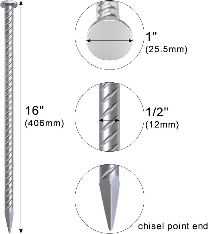 VVOKGO 16 Inch Rebar Stakes Metal Asphalt Anchoring Spikes Ground (12pcs), 1/2 Inch Diameter Galvanized Landscape Anchors Heavy Duty for Speed Bump, Handicap Threshold Ramps, Parking Limits Curb, Tarp-Ruum Studio Home