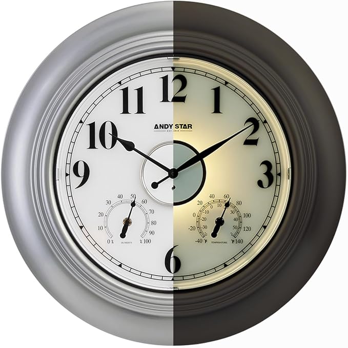 Andy Star 21 Inch Silver Illuminated Outdoor Wall Clock Waterproof with Thermometer and Hygrometer, Oversized Battery Operated Round Wall Clock, Big Silent Non Ticking Clock for Patio Pool Garden-Ruum Studio Home