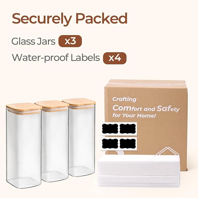 ComSaf 1.9 Qt Glass Storage Containers with Lids, Glass Jars with Lids, Clear Food Storage Jar, Square Canister Set of 3, Pantry Organizers and Storage for Flour Rice Pasta Tea Coffee Bean-Ruum Studio Home