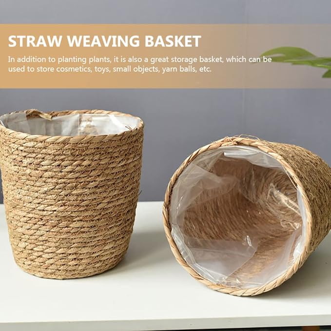 Home Decor Woven Straw Flower Pot Seagrass Planters Basket Garden Plant Pot Containers Wicker Rattan Vase Sundries Organizer Storage Bins for Indoor Outdoor Plants Vintage Decor-Ruum Studio Home