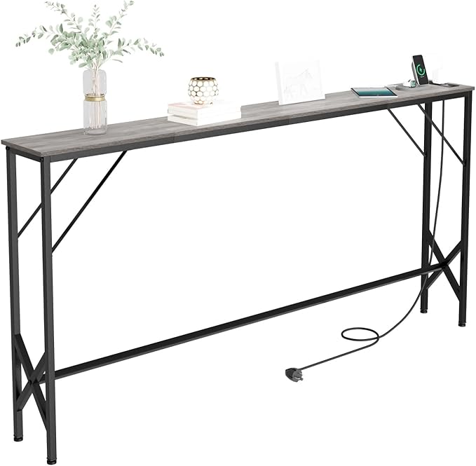 63'' Console Table, Skinny Entryway Table with Fast-Charging Station, Narrow Long Sofa Table, Behind Slim Couch Table for Entrance, Hallway, Living Room Decor ST-GY160-1-Ruum Studio Home