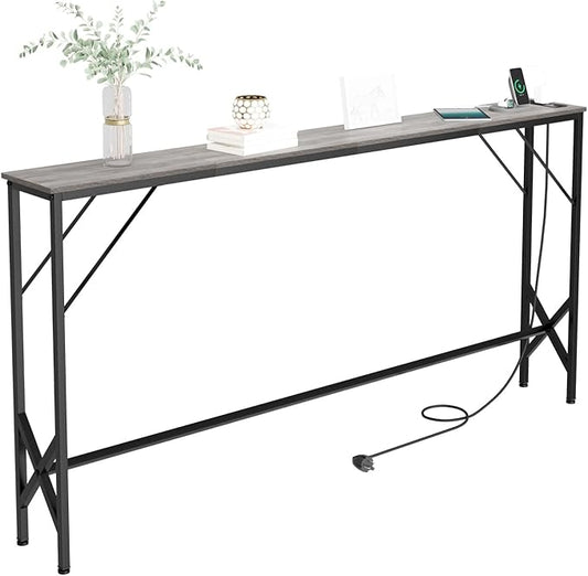 63'' Console Table, Skinny Entryway Table with Fast-Charging Station, Narrow Long Sofa Table, Behind Slim Couch Table for Entrance, Hallway, Living Room Decor ST-GY160-1-Ruum Studio Home