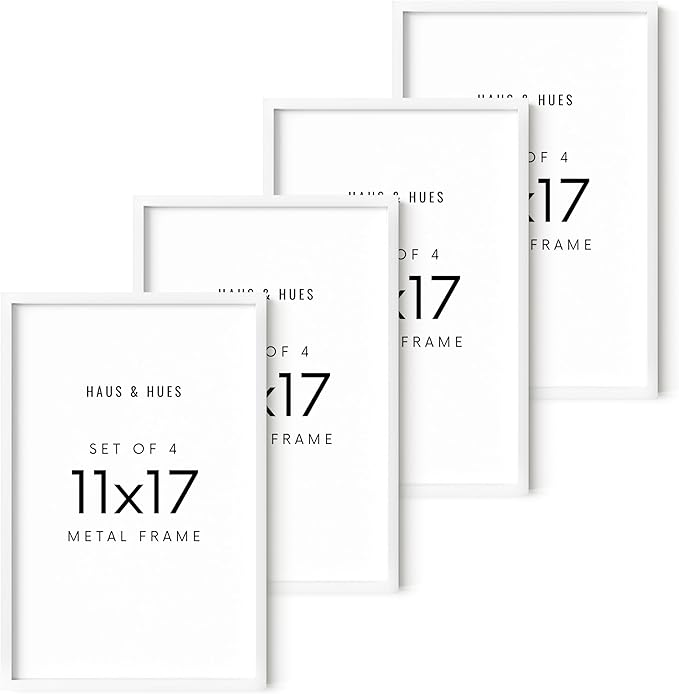 HAUS AND HUES 11x17 White Metal Picture Frames - Features Premium Aluminum, Vertical & Horizontal Hang, Shatterproof Plexiglass - Perfect for Home, Room, Office (11x17 in, White, Set of 4)-Ruum Studio Home